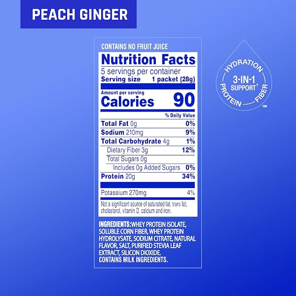 PROPEL CLEAR PROTEIN POWDER, PEACH GINGER, (5 SERVINGS), 20G PROTEIN, ZERO SUGAR, 3G FIBER, 90 CALORIES, NO ADDED COLORS, NO ARTIFICIAL SWEETENERS OR FLAVORS, ELECTROLYTES