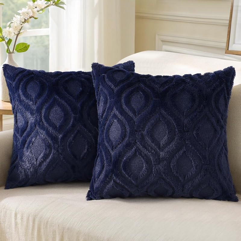 Set di 2 federe decorative per cuscini in morbida lana sintetica, per divano, per la casa, 45 x 45 cm, blu navy — foto 1 di 7