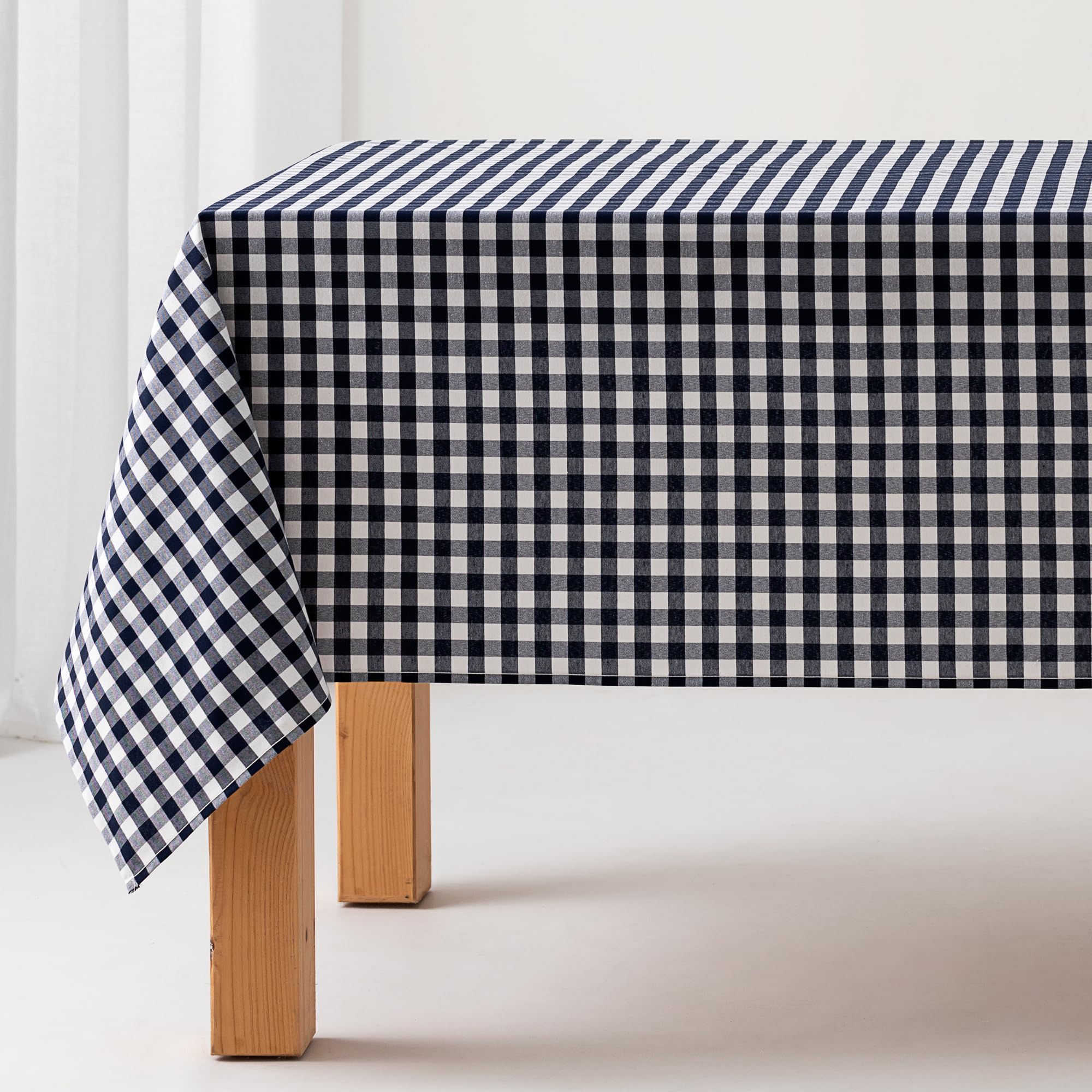 Stain-Resistant Gingham Tablecloth, Cotton, Fabric Touch, 140 x 300 cm, Navy Blue