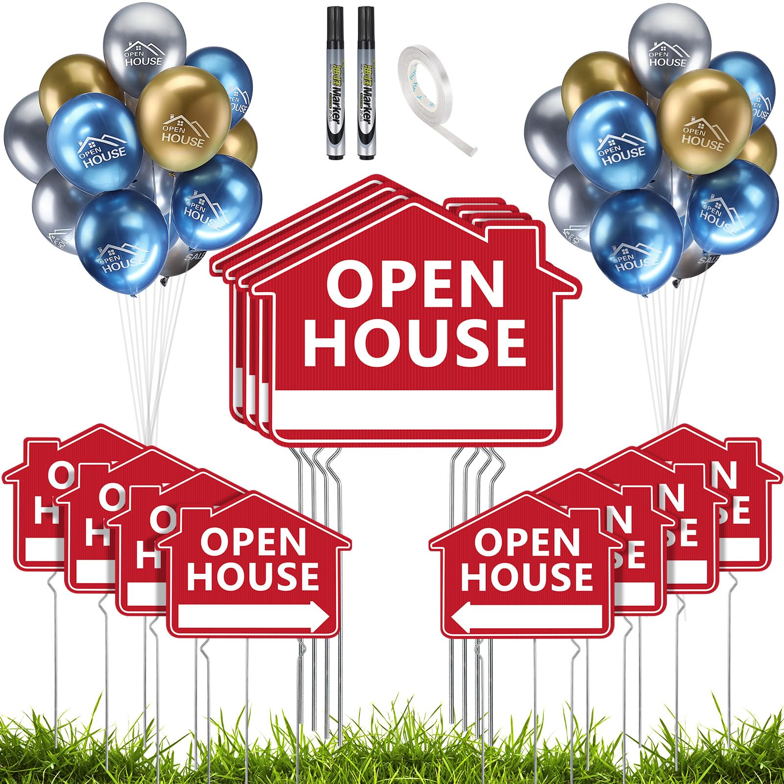 Photo 1 of Beeveer 12 Pack Open House Signs with Stakes for Estate Large Double Sided Estate Sale Yard Signs with 24 Metallic Balloons Markers Ribbons Directional Arrows Agent Supplies (Red,12 x 16 Inch)