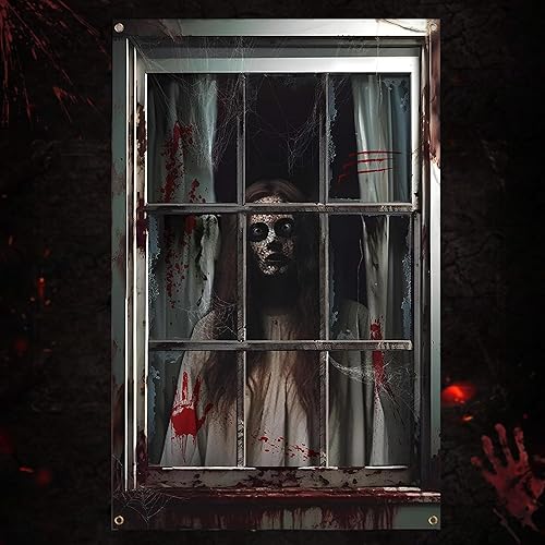 YUEBAOWAN Halloween Window Decorations: Scary Halloween Decorations, HD Printed Blood Horror Themed Poster for Indoor Outdoor Party Decor (Blood Ghost)