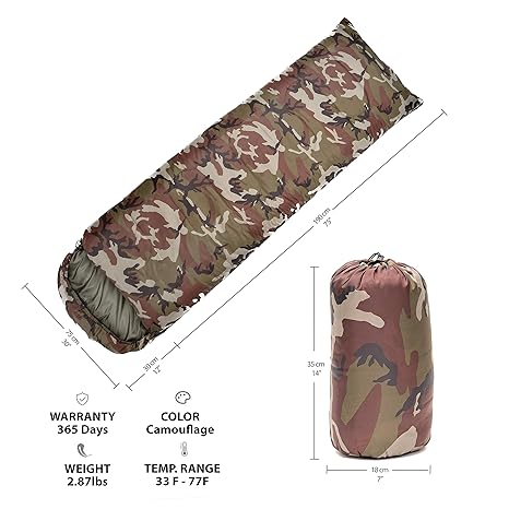 Camouflage Sleeping Bag Indoor Outdoor Use Compact For Camping Hiking Backpacking Traveling Great For Kids Boys Teens Adults 3 Season