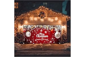 HOMETITUTE 13x6ft Christmas Garage Door Cover Merry Christmas and Happy New Year Backdrop Holiday Party Decorations Indoor Outdoor Wall Background Decor Festive Red Silver Pine Ornament