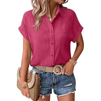 Zeagoo Womens Button Down Shirts Casual Short Sleeve Dress Shirt Textured Collared Summer Clothes Work Blouse
