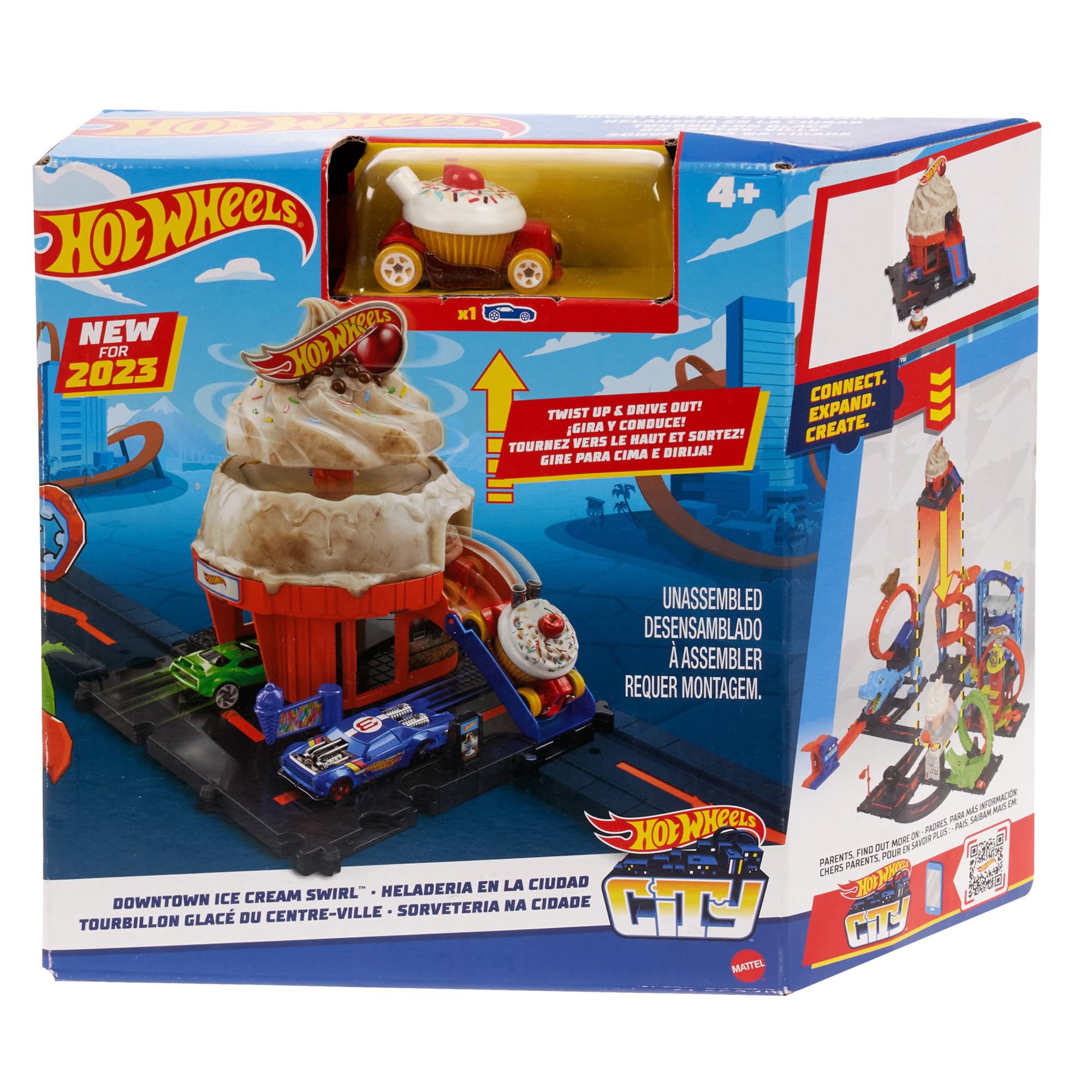 HOT WHEELS City Downtown Spielset Eiskrem-Strudel - Rennbahn-Action mit manuellem Aufzug, Eiskrem-Wirbel und herunterklappbarer Rampe, inklusive 1 Hot Wheels Auto, für Kinder ab 4 Jahren, HKX38