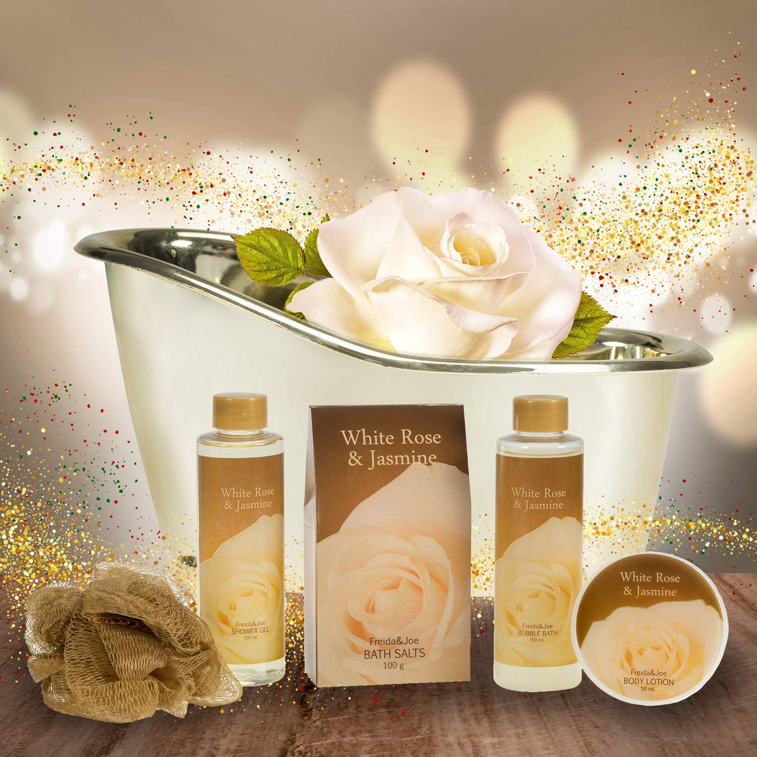 Home Spa Gift Basket - White Rose Jasmine Spa Set For Women - Luxury Bath & Body Set For Women - Contains Shower Gel, Bubble Bath, Body Lotion, Jasmine Bath Salt and Pouf Displayed in Elegant Gold Tub : Bath And Shower Product Sets : Beauty