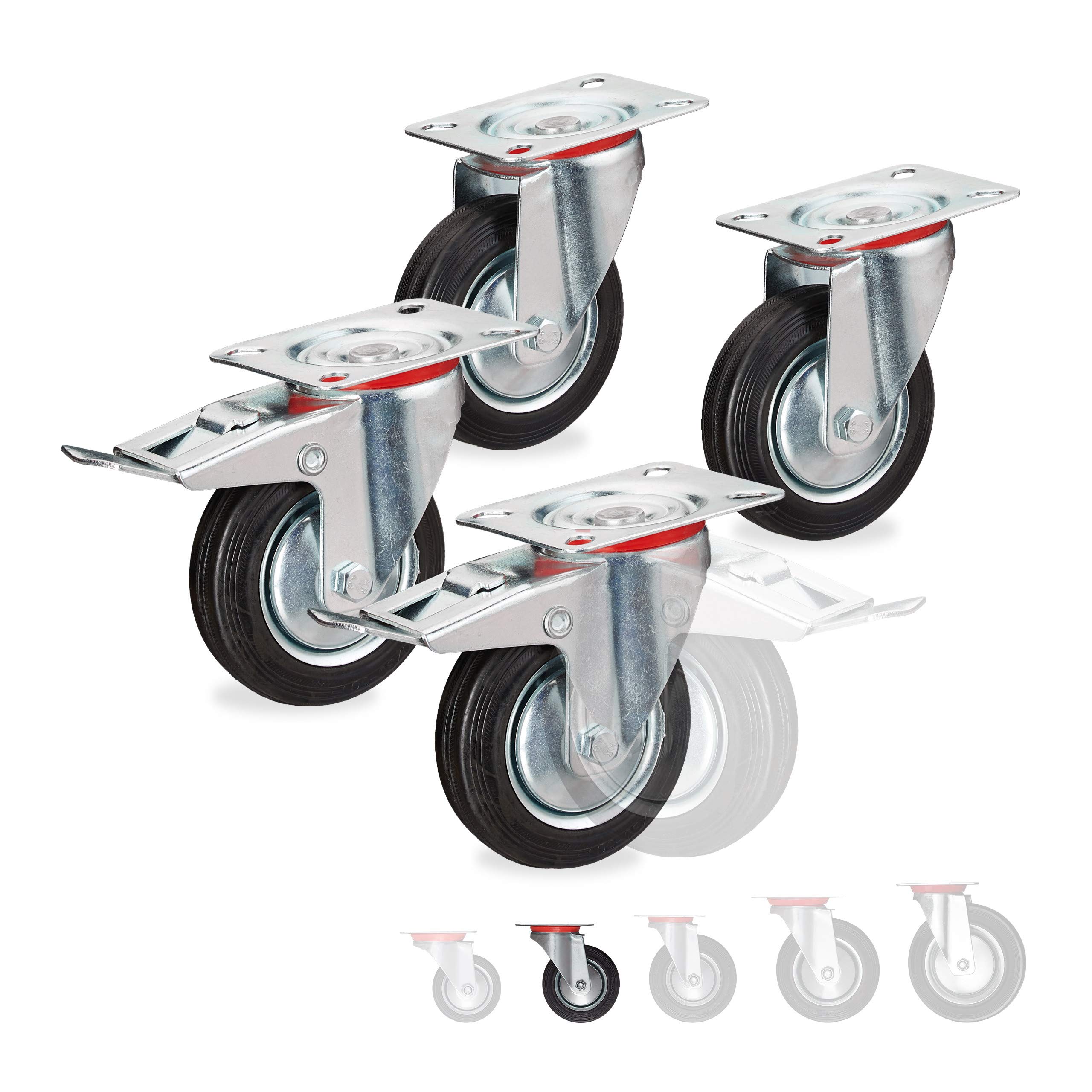 Relaxdays Heavy Duty Castors Set of 4, Rotatable, 2 Wheels, with Brake, Load Capacity up to 280kg, Wheel D: 100mm, Black