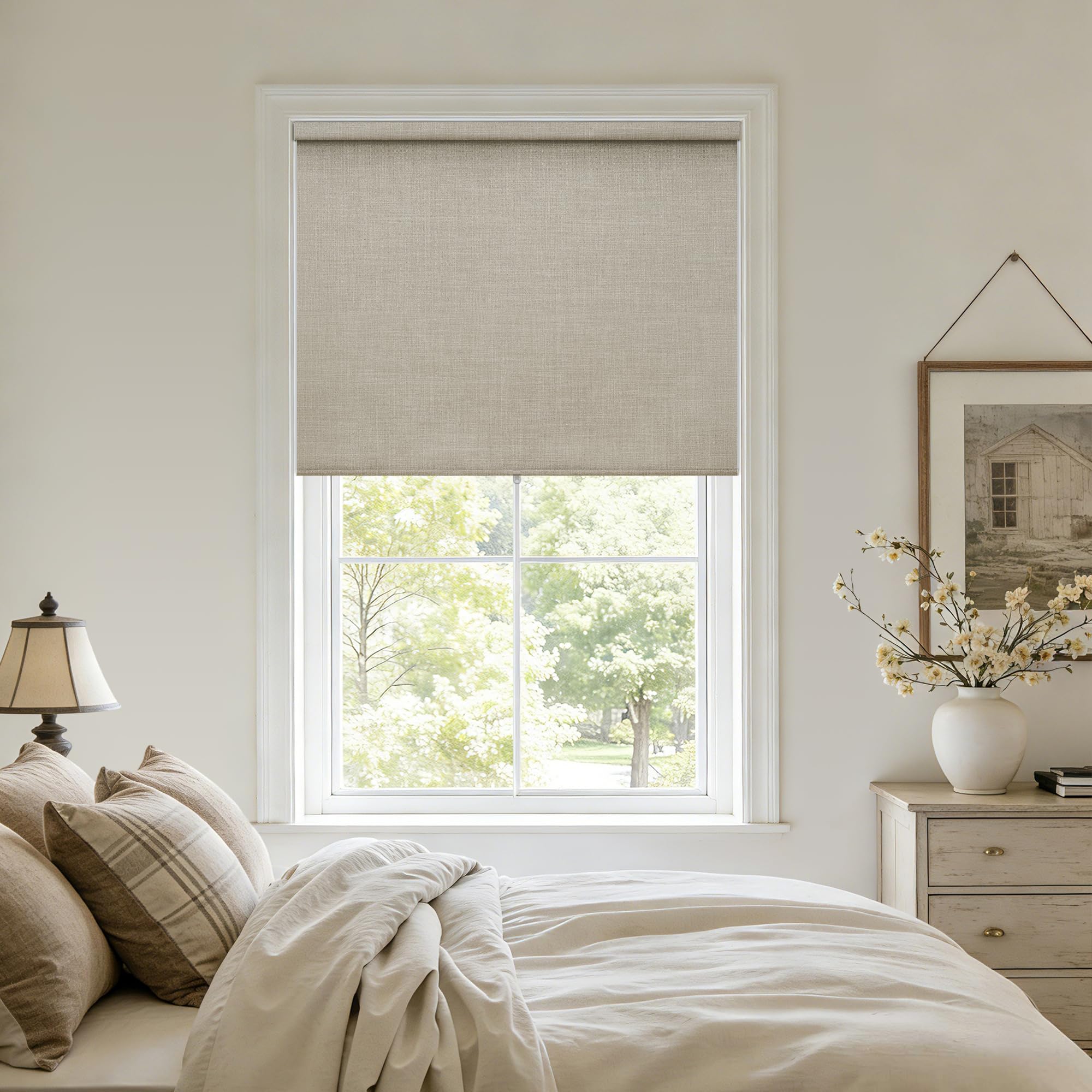 Photo 1 of 100% Blackout Roller Shades Cordless Blinds for Windows, Free-Stop Blind with Beige Linen Valance Thermal Insulated UV Protection Privacy Window Shades for Bedroom Living Room Oatmeal 35" W x 72" H