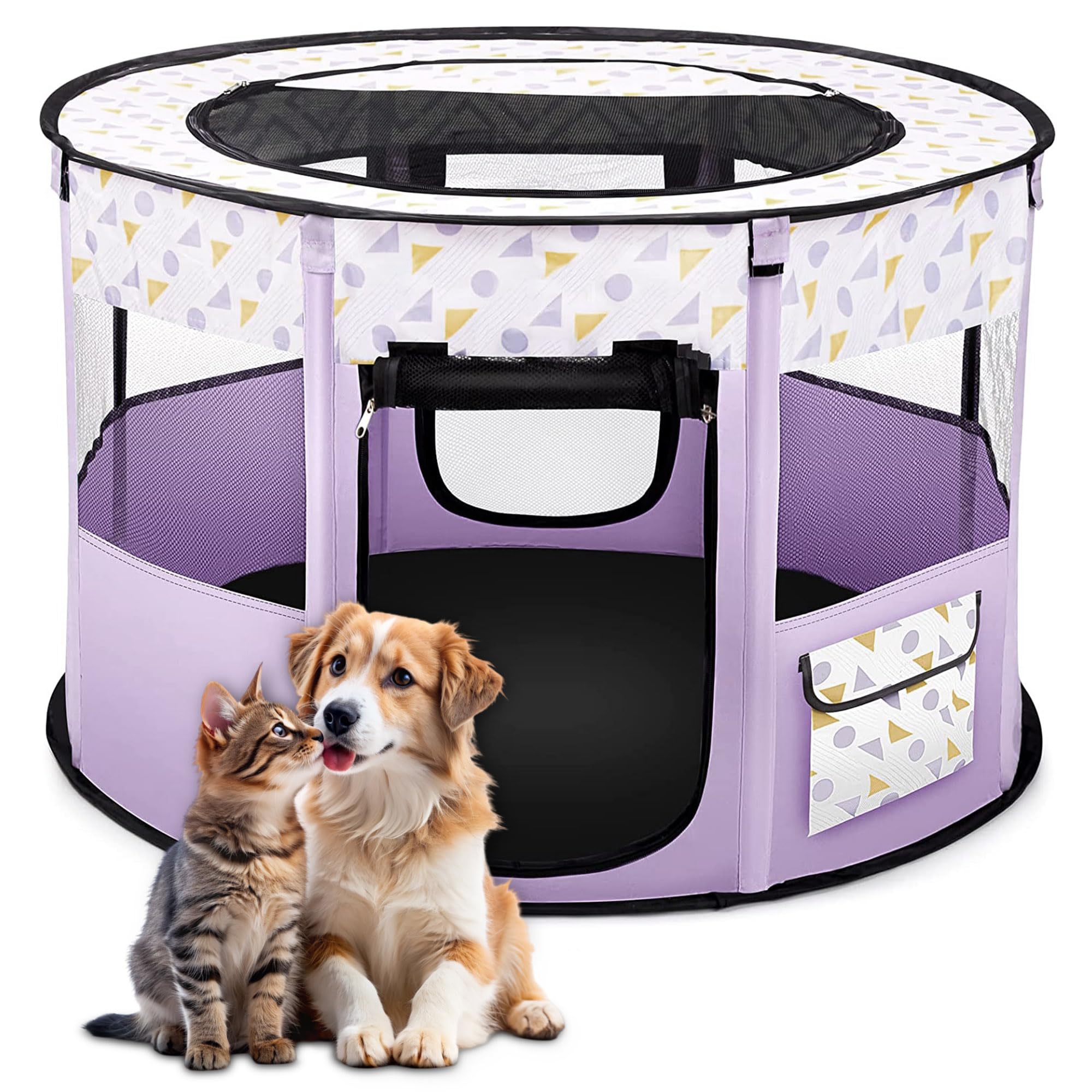 ALLSOPETS Cat Playpen for Dog, Foldable Pet Play Pen for Indoor Outdoor Use, Portable Dog Cat Crate Tent for Puppies Kittens, Pop-Up Pet Cage for Travel Camping (Purple, M)