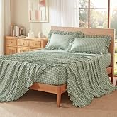 Litanika Sage Green Gingham Ruffle King Sheets Set 4 Pieces | Farmhouse Cottage Shabby Chic Checkered Bed Sheets Lightweight Soft Bedding Sets All Season, Deep Pocket Up to 16"