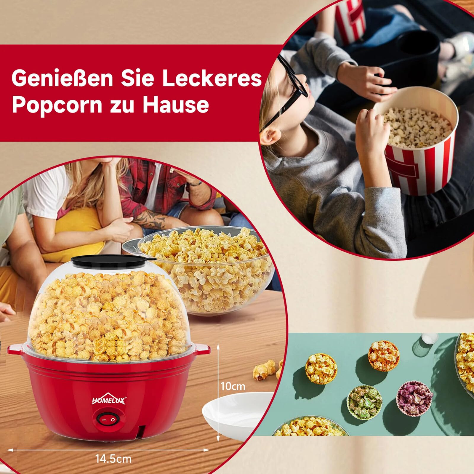 HOMELUX Popcornmaschine Popcorn Maker 450W Mini Popcorn Maschine mit Messlöffel Antihaftbeschichtung Snack Popcorn Popper für Zuhause Party Kinder, Deckel als Servierschale, Stille & Schnelle Rot 7