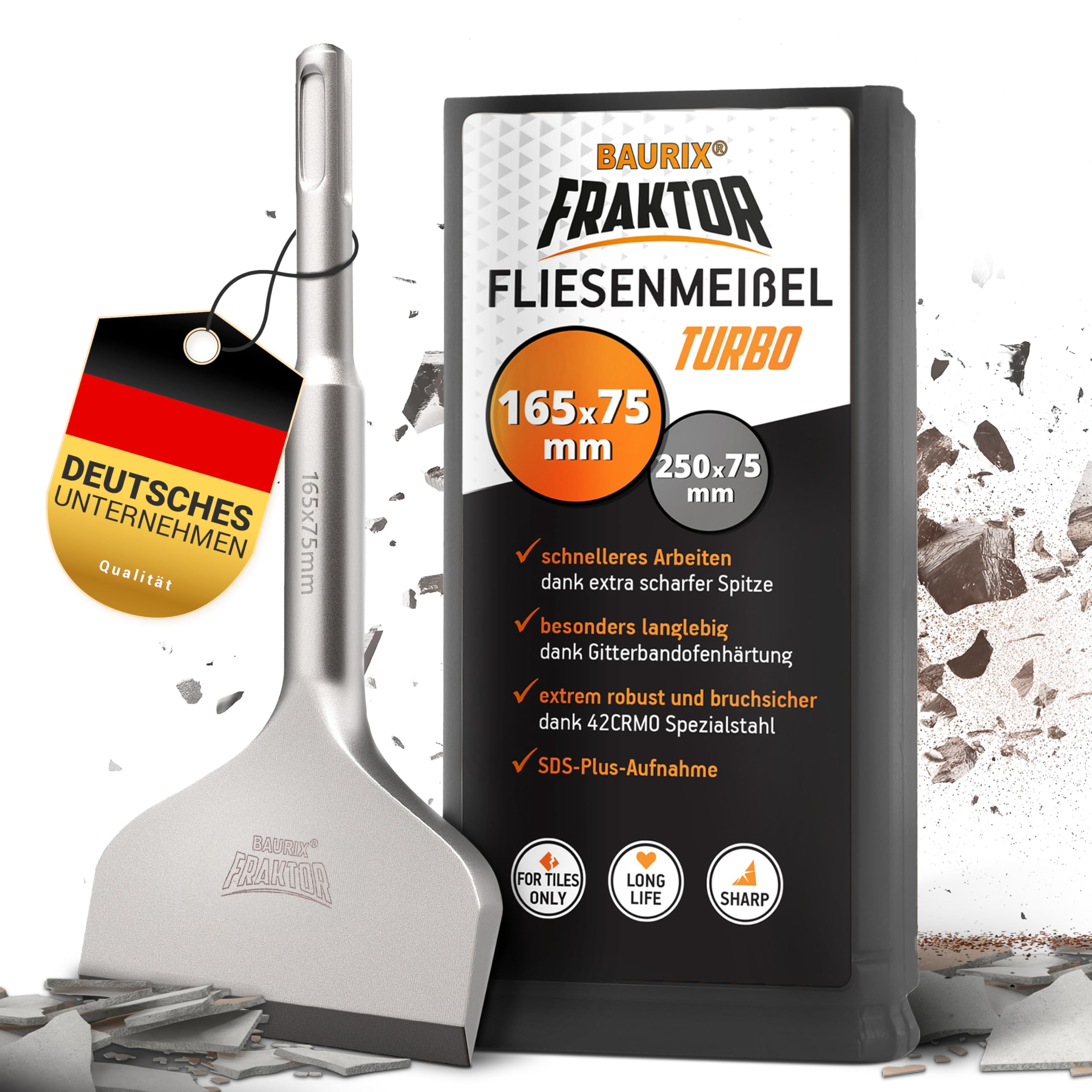 BAURIX® SDS Plus Tile Chisel [165x75 mm] | FRAKTOR® System | Heavy Duty Tile Removal Chisel for Wall and Floor Tiles | Made from 42CrMo Steel | SDS Plus Chisel for Adhesive & Tile Removal