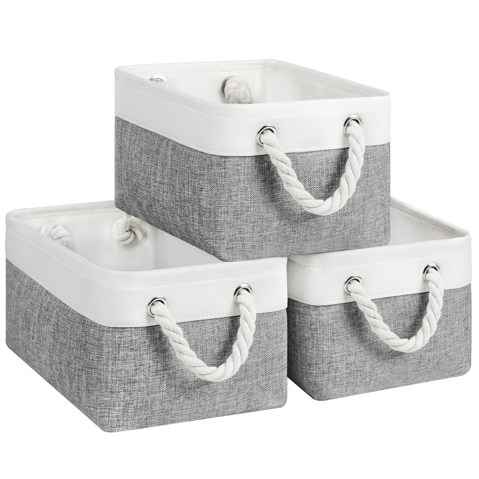 Patvingot Storage Baskets 12.2” x 8.2” x 6.2” for Shelves,Canvas Storage Boxes with Handles, Fabric Storage Bins for Organizing Home and Clothes, Office(Small-3 Pack, White/ Grey)