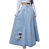 Tozamil Long Flowy Embroiderd Skirts for Women A-line high-Waisted Denim Maxi Skirt Cute Jean Skirt for Women