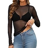 OFEEFAN Womens Mesh Tops Lace Long Sleeve Shirts Crewneck Slim Fitted Outfits See Through Blouses