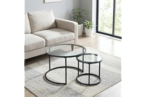CUIZEHUA Round Nesting Coffee Table Set of 2, Modern Glass Nesting Tables, Stacking Minimalist End Table for Living Room Bedroom Small Space, Clear Tempered Glass and Black