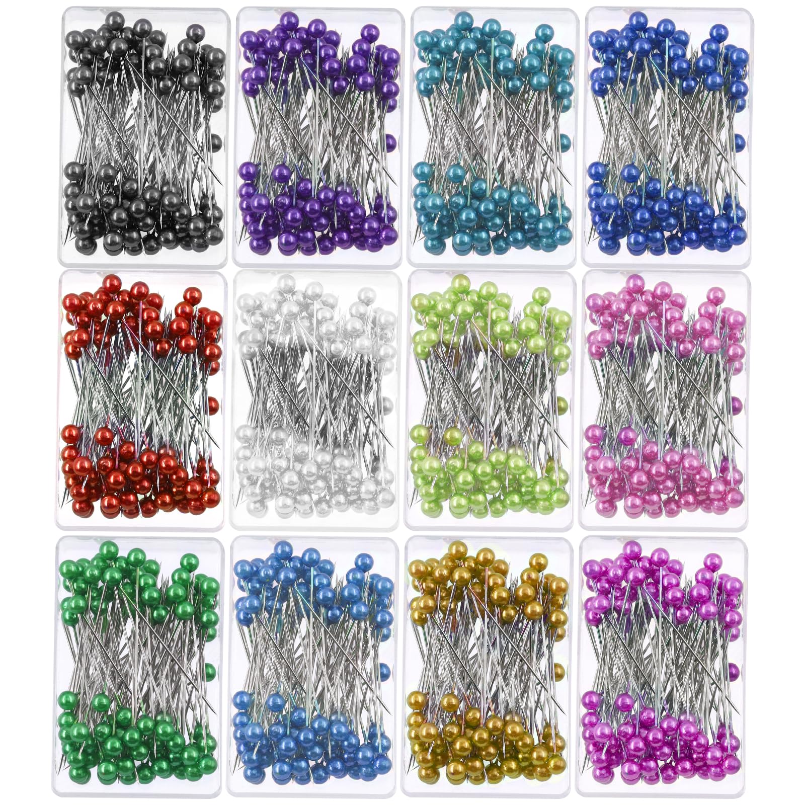 Tanstic 1200Pcs 12 Colors Sewing Pins Kit, 1.57 Inch Straight Pins with Colored Heads, Pearlized Ball Head Quilting Pins Craft Positioning Pins for Dressmaker, Jewelry DIY Decoration, Sewing Projects