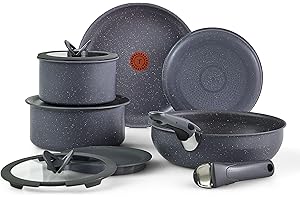 T-fal, Ingenio Essentials, Nonstick Cookware Set, 11 Piece Pots and Pans Set, Detachable/Removable Handle, Gray, Dishwasher S