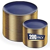 bUCLA 200PCS Blue Plastic Plates - Navy Blue Disposable with Gold Rim Include 100 Each (10 inch Dinner & 7 inch Dessert) Plates, Ideal for Party, Gathering and Hanukkah