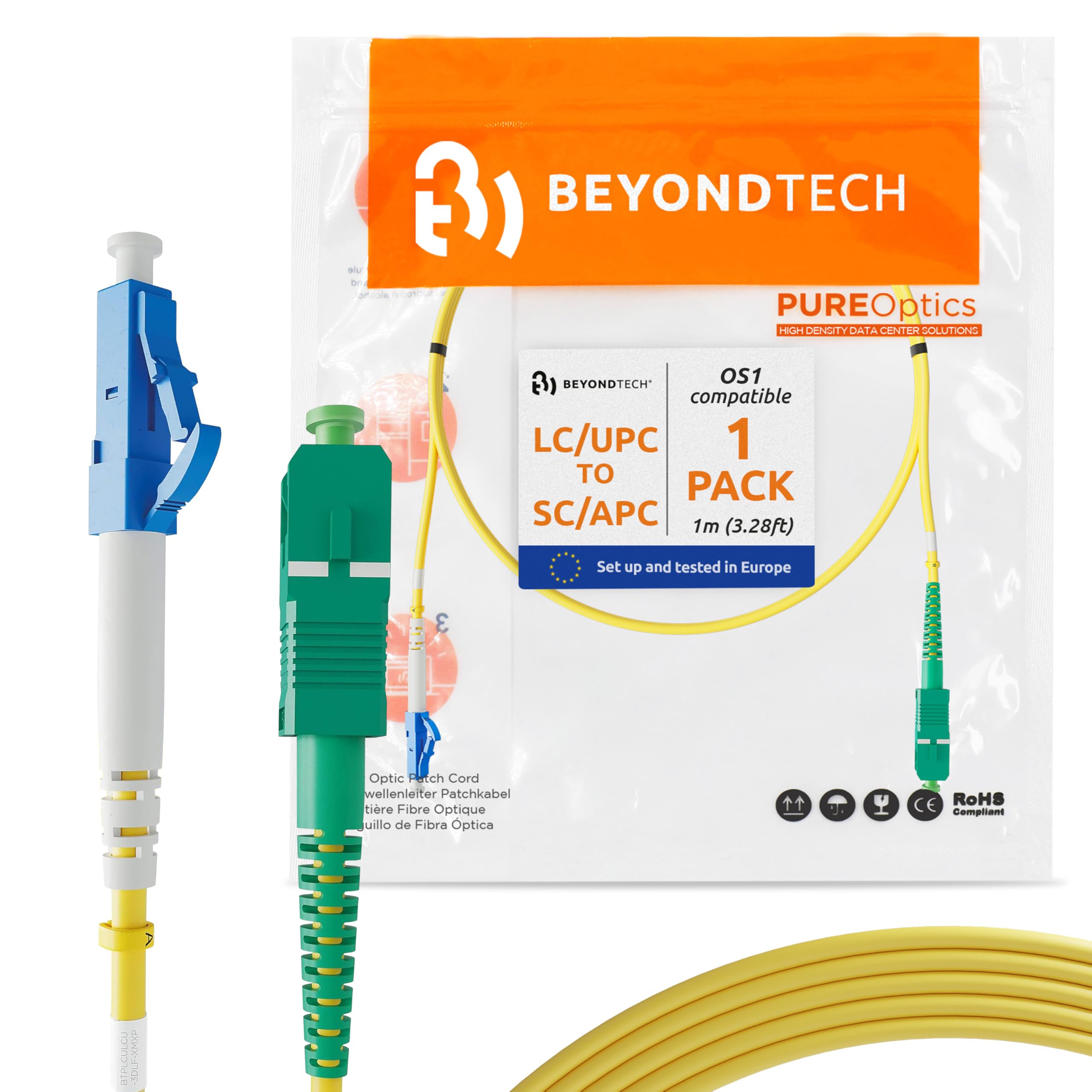 BEYONDTECH 1m (3.28ft) LC/UPC to SC/APC Fiber Patch Cable – UPC Single-Mode Simplex Fiber Optic Cable – 9/125µm core, Compatible with OS1 – LSZH PUREOptics Series