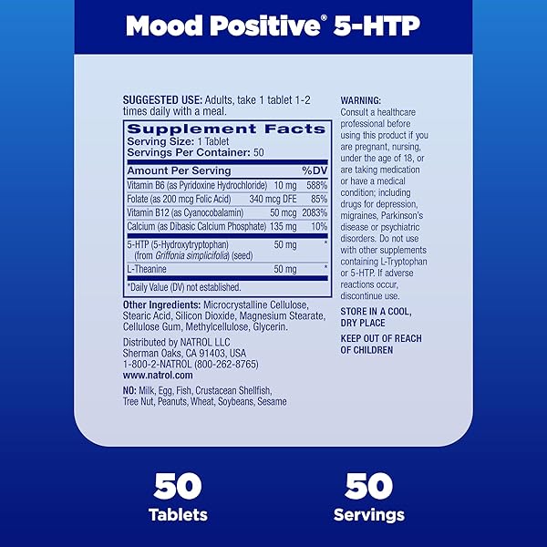 NATROL MOOD POSITIVE 5-HTP 50MG WITH L-THEANINE, VITAMIN B6, VITAMIN B12 AND FOLATE, DIETARY SUPPLEMENT HELPS SUPPORT A POSITIVE MOOD, 50 TABLETS, 25-50 DAY SUPPLY