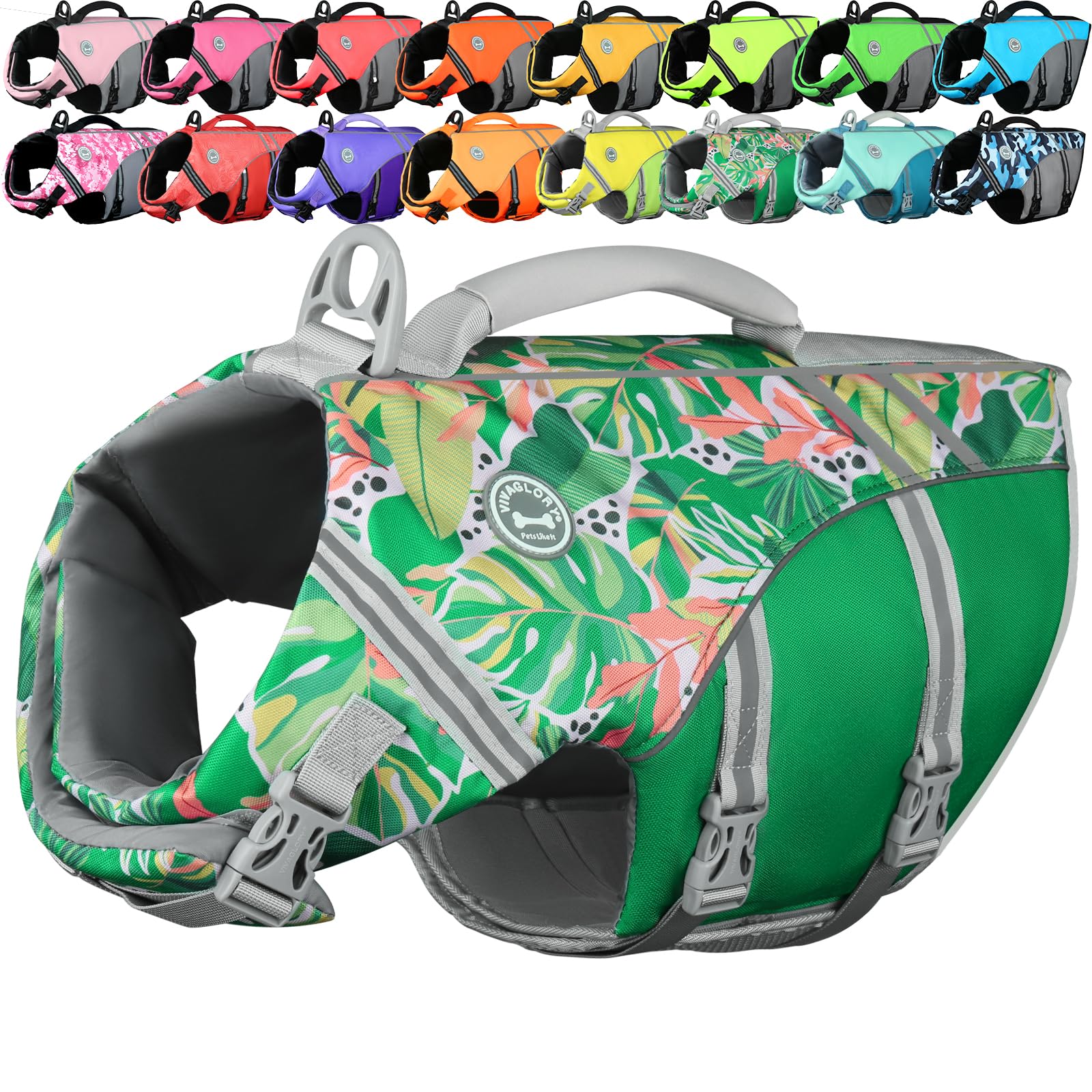 VIVAGLORY Sports Style Dog Life Jacket, Dog Buoyancy Jacket for Swimming & Boating, Ripstop & Buoyancy for Doggy, Life Vest with Handle, M, Floral