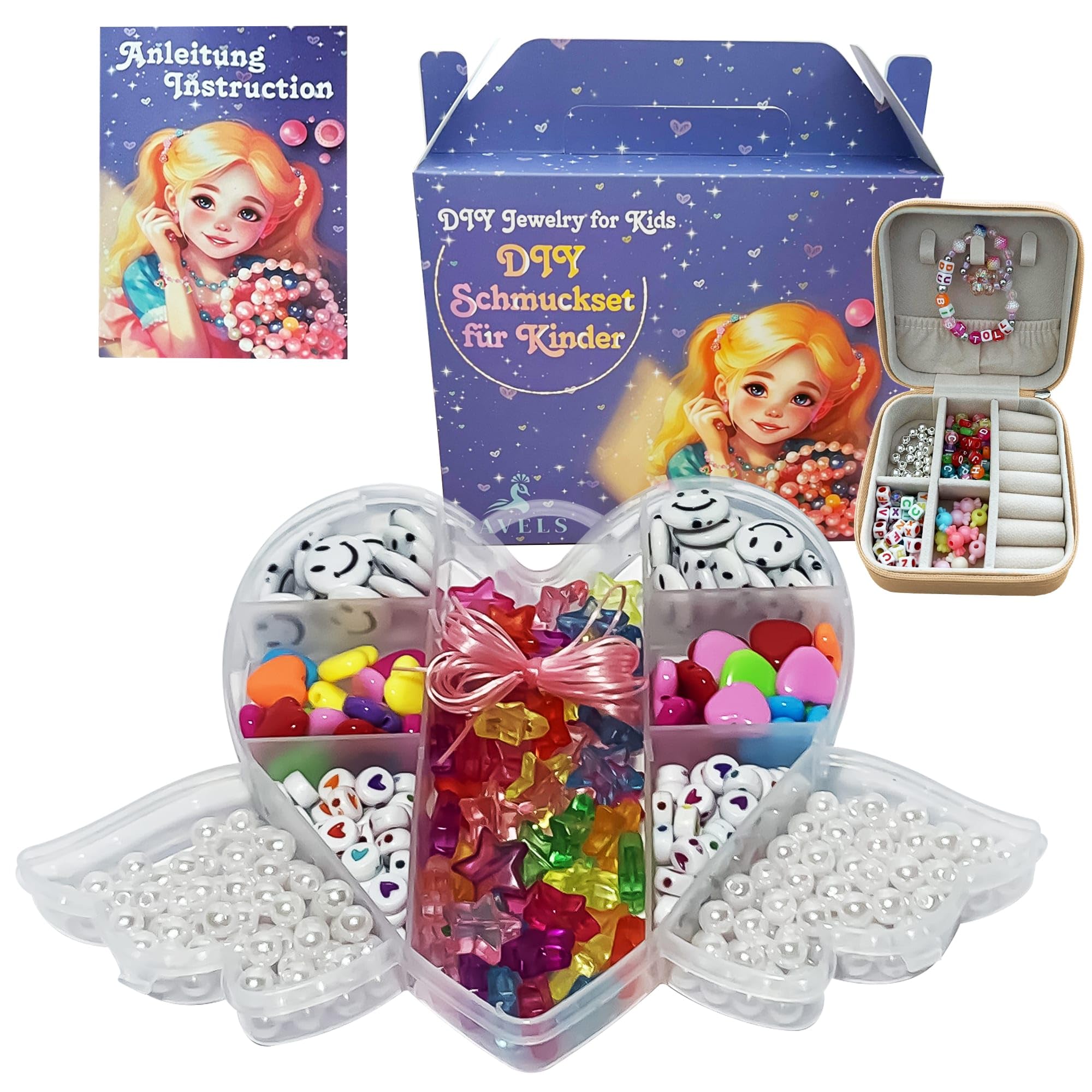 PAVELS Beads for Threading Children's Jewellery for Crafts DIY Heart Wings Heart Bead Set Gift Idea for Girls 4 5 6 7 8 9 10 Years