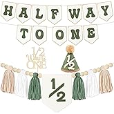 1/2 Birthday Green Half Birthday Decorations - White Blue It's My 1/2 Birth Banner Glitter Cake Topper Tassel Wood Bead High Chair Banner & Cone, Hat Halfway to One Party Supplies