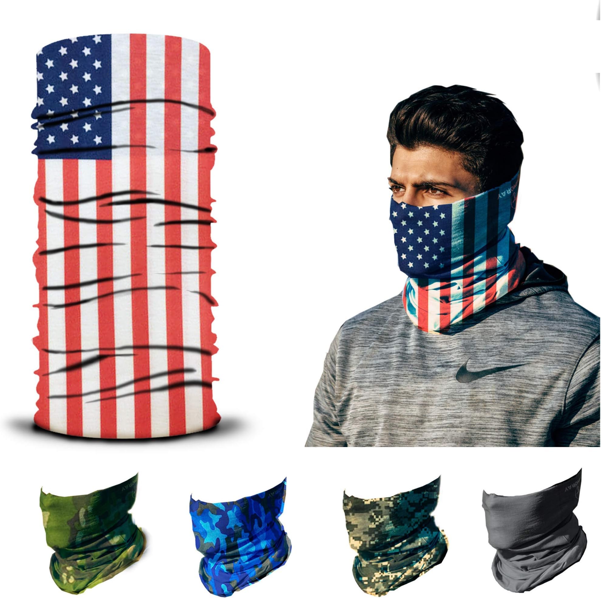 ARMORAY Headwear Head Wrap Neck Gaiter Headband Fishing Mask Magic Scarf, Tube Mask Face Bandana Mask Neck Balaclava and Sport Scarf 12 in 1 Headband Sweatband for Fishing, Hiking, Running USA Flag