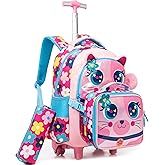 Meetbelify Rolling Backpack for Girls Backpacks with Wheels for Elementary Preschool Students Kids 3 in 1 Travel Luggage Carry on Suitcase with Lunch Box Pencil Case for Girls Age 8-10