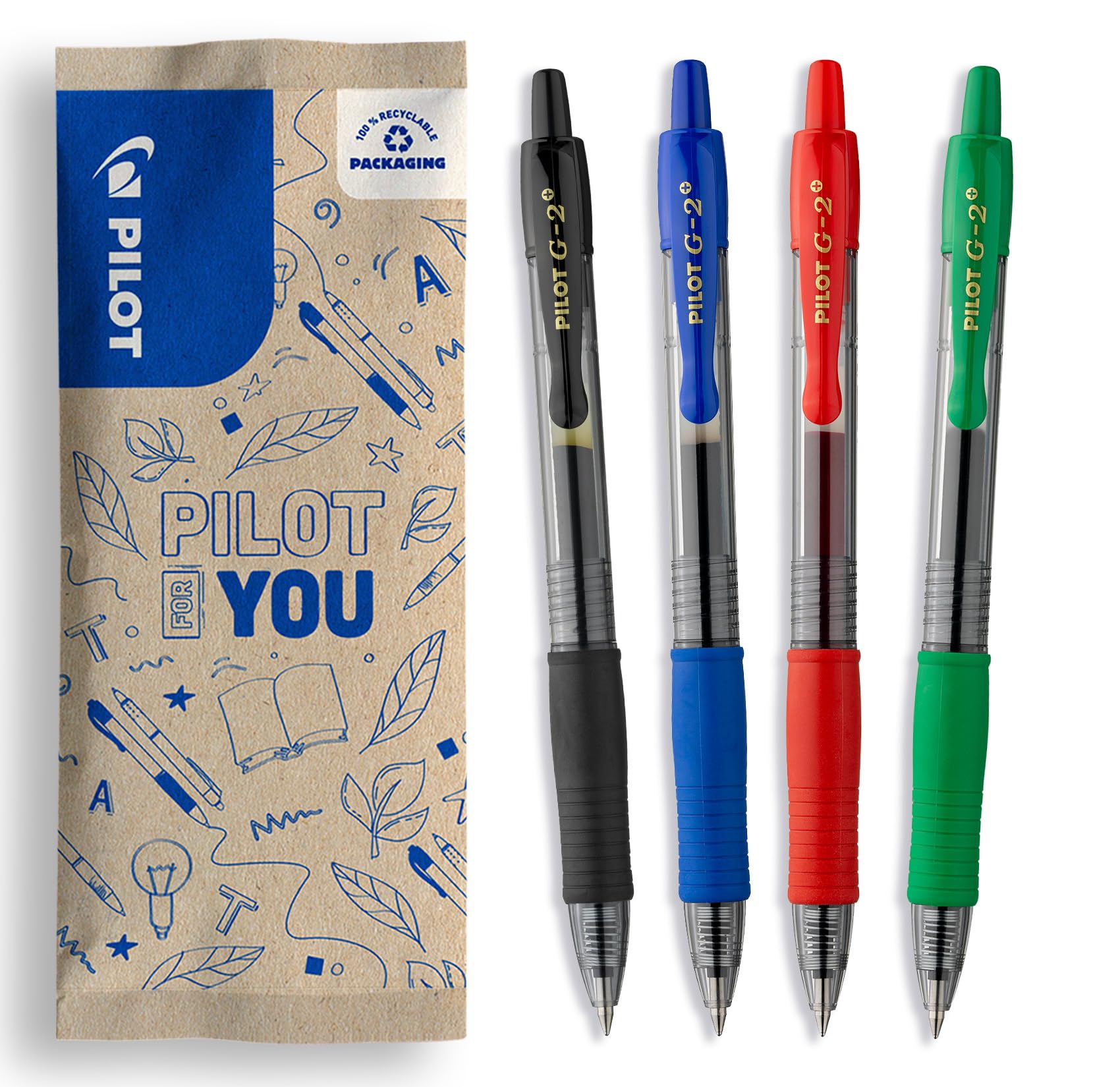 PILOT - Pack of 4 G2 0,7 - Gel Ink Roller Ball Pen - Medium - Assorted Colors - Black, Blue, Red, Green