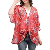 Women's Floral Print Puff Sleeve Kimono Cardigan Loose Cover Up Casual Blouse Tops