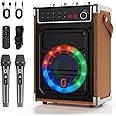 JYX Karaoke Machine with 2 UHF Wireless Microphones, Bluetooth Speaker with Bass/Treble Adjustment and LED Light, PA System Support TWS, AUX in, FM, REC, Supply for Party/Adults/Kids - Wood Grain