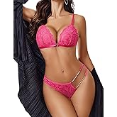 Avidlove Lingerie Sets for Women Sexy Lace Bra and Panty Set V Neck Chain Embellished Lace Bralette Set with Matching Panties Rose Red