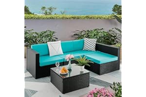 Waleaf 5 Pieces Outdoor Furniture Rattan Sectional Patio Sofa, Outdoor Indoor Backyard Porch Garden Poolside Balcony Wicker Conversation Set with Table (Turquoise)