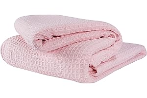 GLAMBURG 100% Cotton Thermal Blanket, Breathable Bed Blanket Queen Size, Soft Waffle Blanket, Queen Blanket, All Season Cotton Blanket, Baby Pink
