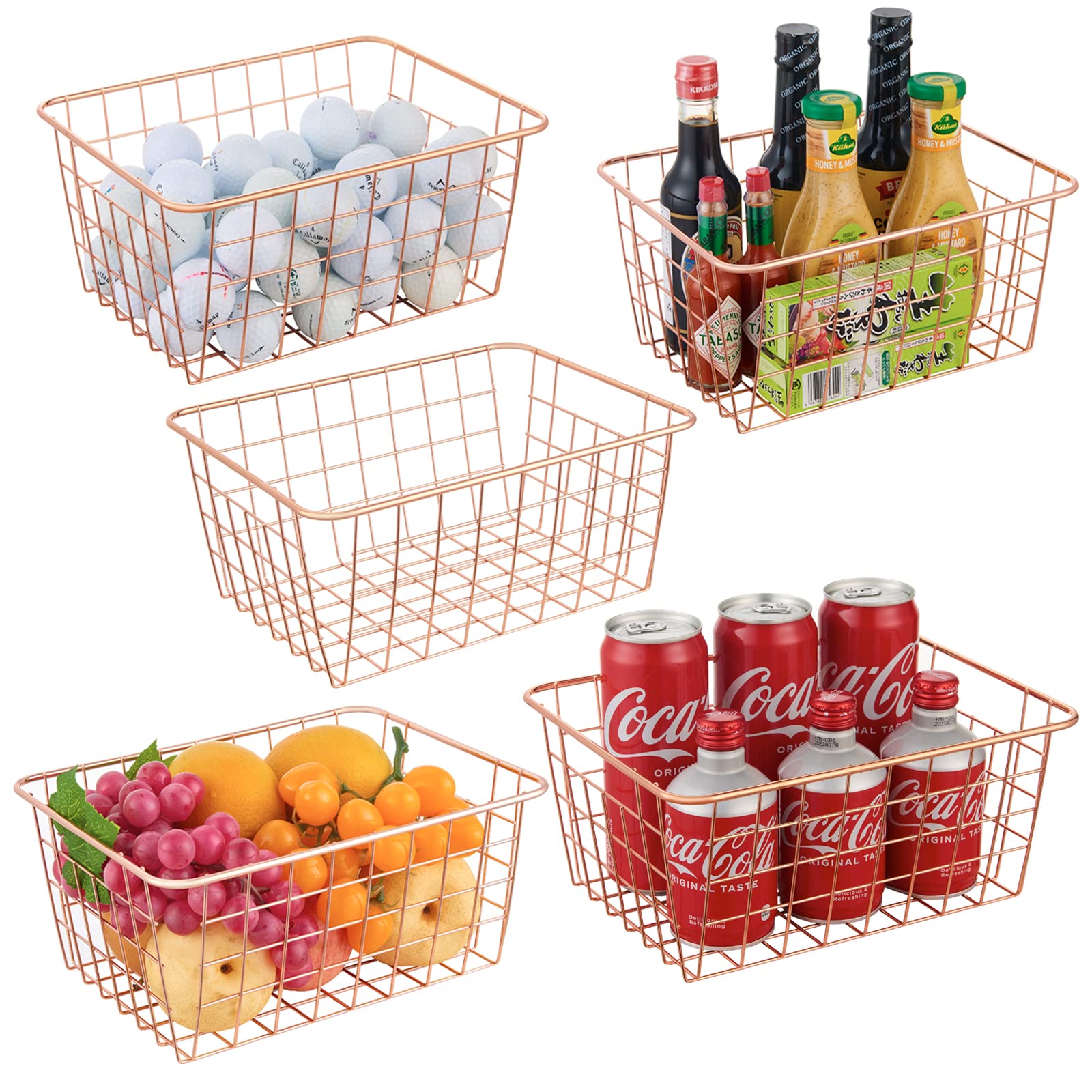 Photo 1 of JUNCHU CHERRY Wire Kitchen Storage Basket 5 Packs,Perfect Pantry Organization Accessories Baskets,Laundry Basket,Countertop Organization,Suitable for Kitchen,Bathroom,Bedroom,Tabletop,Rose gold