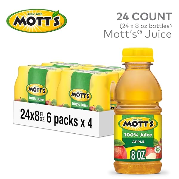 MOTT’S 100% ORIGINAL APPLE JUICE, 8 FL OZ BOTTLES, 24 COUNT (4 PACKS OF 6), 2 SERVINGS OF FRUIT, 100% FRUIT JUICE, GLUTEN-FREE, CAFFEINE-FREE, KOSHER, CONTAINS NO ARTIFICIAL COLORS OR SWEETENERS