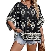 IN'VOLAND Plus Size 3/4 Sleeve Womens Blouse Boho Tops Summer V Neck Casual Loose Fit Tunic Beach Vacation Outfits 1X-5X