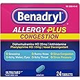 Benadryl Allergy Plus Congestion Ultratabs with Diphenhydramine HCl Antihistamine & Phenylephrine HCl Nasal Decongestant, Allergy & Sinus Congestion Relief Tablets, 24 ct