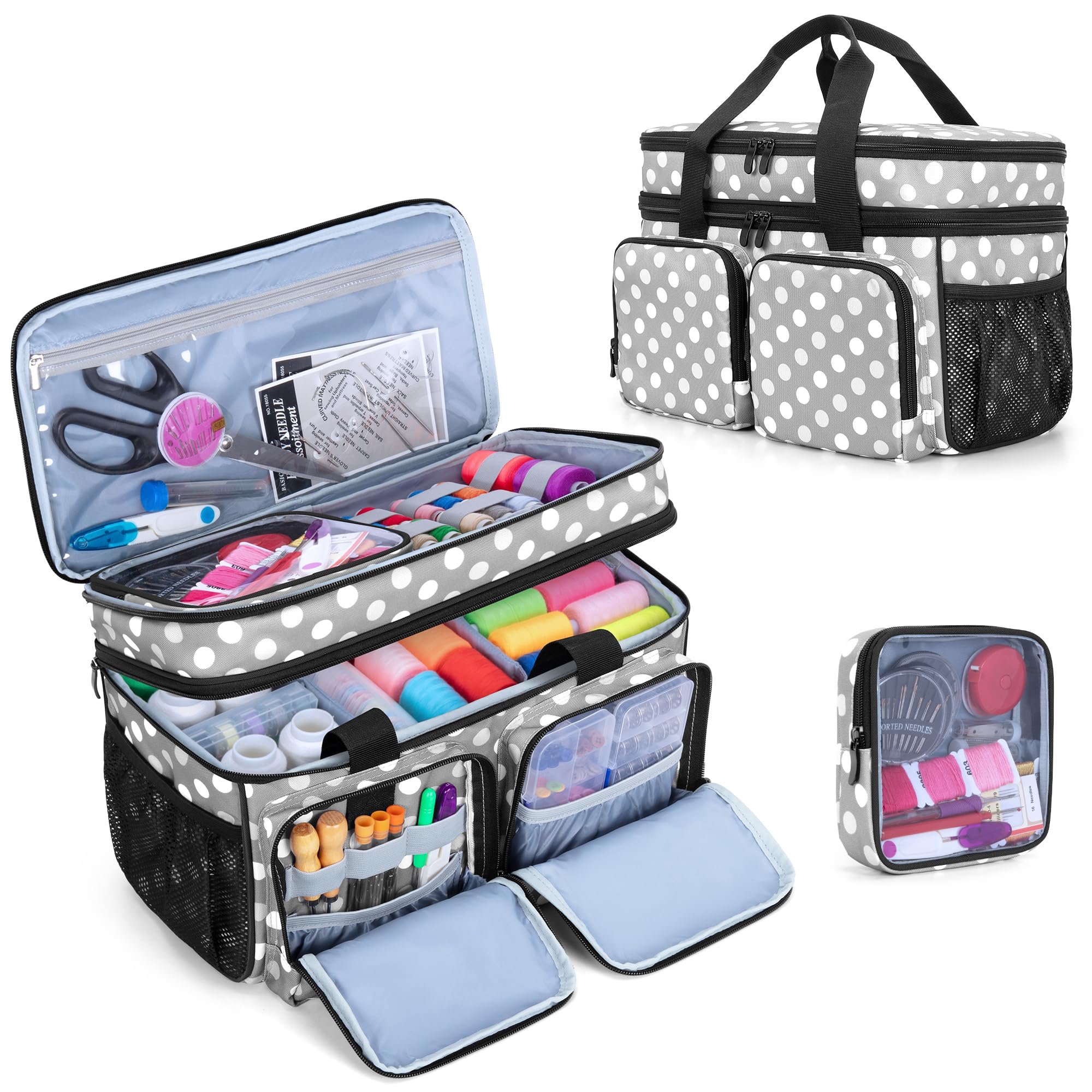 BAFASO Large Sewing Organizer Bag with an Individual Pouch and Detachable Dividers, 2 Layers Sewing Storage Bag for Sewing Supplies, Polka Dots