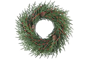 OZFHUA 26 Inch Artificial Christmas Wreath - Christmas Wreaths for Front Door, Artificial Green Wreath Decorated with Pine Cones and Pip Berry for Fireplace Window Outdoor Table Centerpiece Decoration