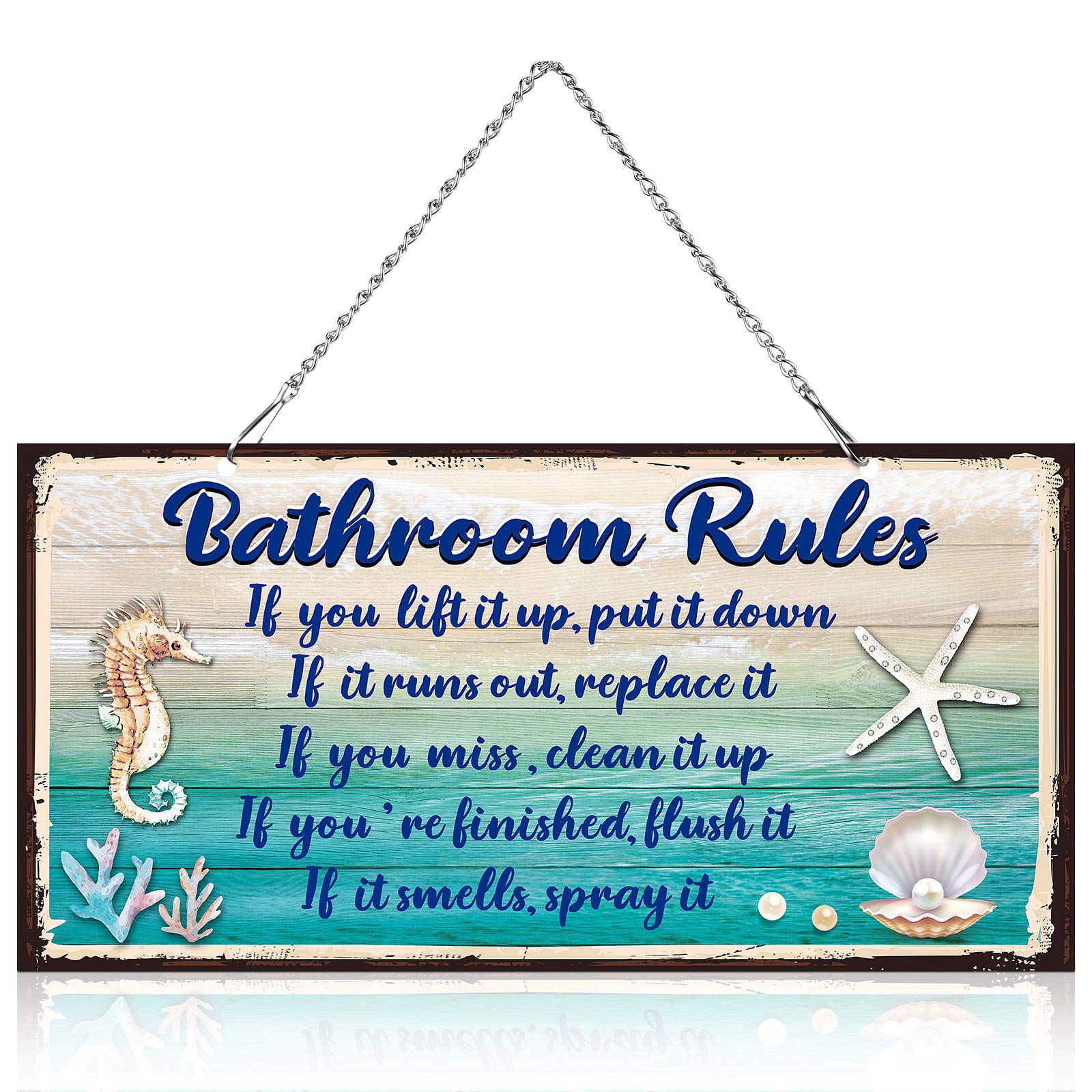 Seashell Bathroom Rules Decor Signs Wall Ocean Theme Beach Seashell Starfish Decor for Metal Sign Hanging Wall Funny Bathroom Rules Art Decorative, Blue and White(10 x 5 Inch)