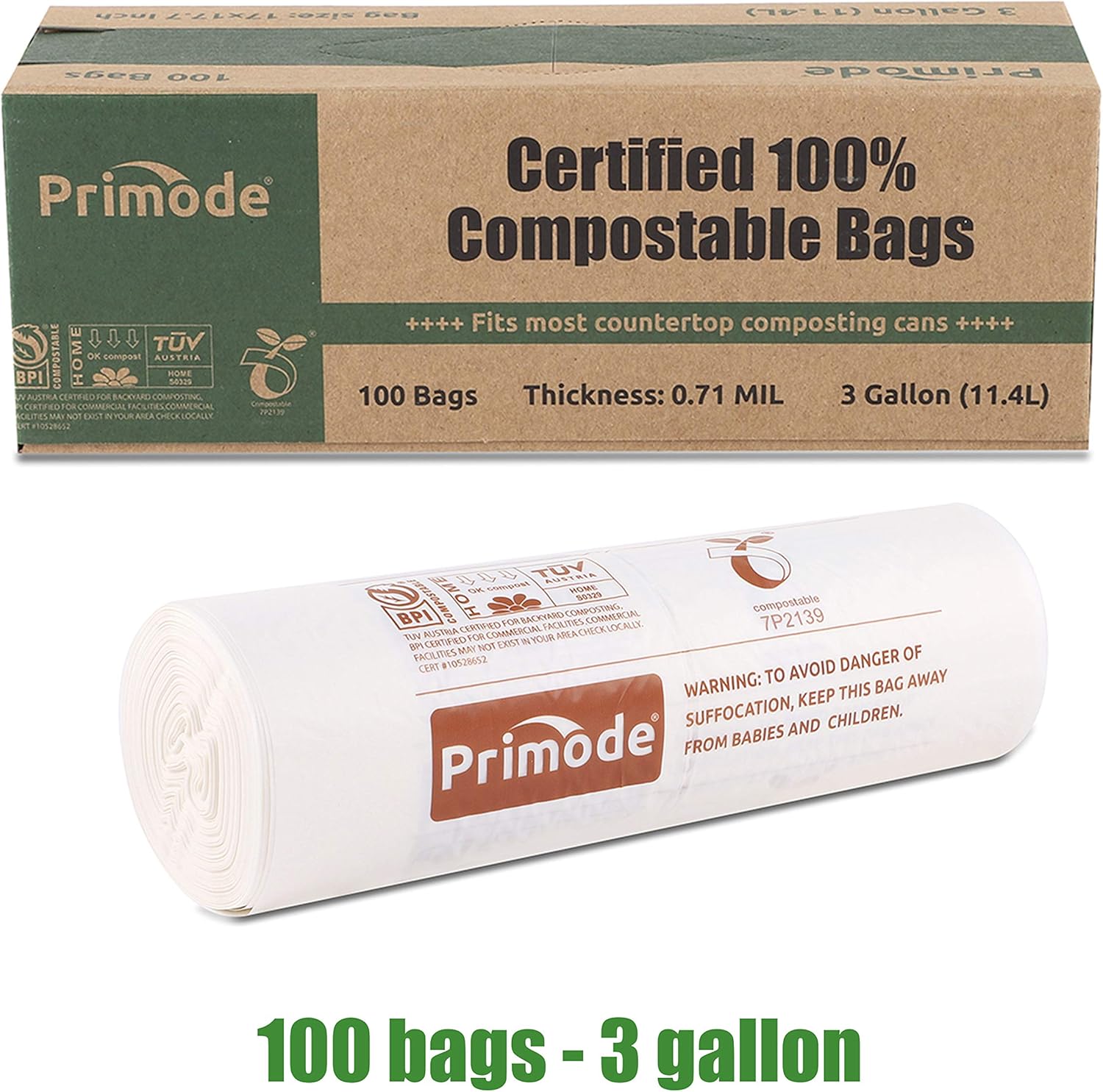 Primode 100% Compostable Bags, 3 Gallon Food Scraps Yard Waste Bags, 100 Count, Extra Thick 0.71 Mil. ASTMD6400 Compost Bags Small Kitchen Trash Bags, Certified By BPI And TUV: Health & Personal Care