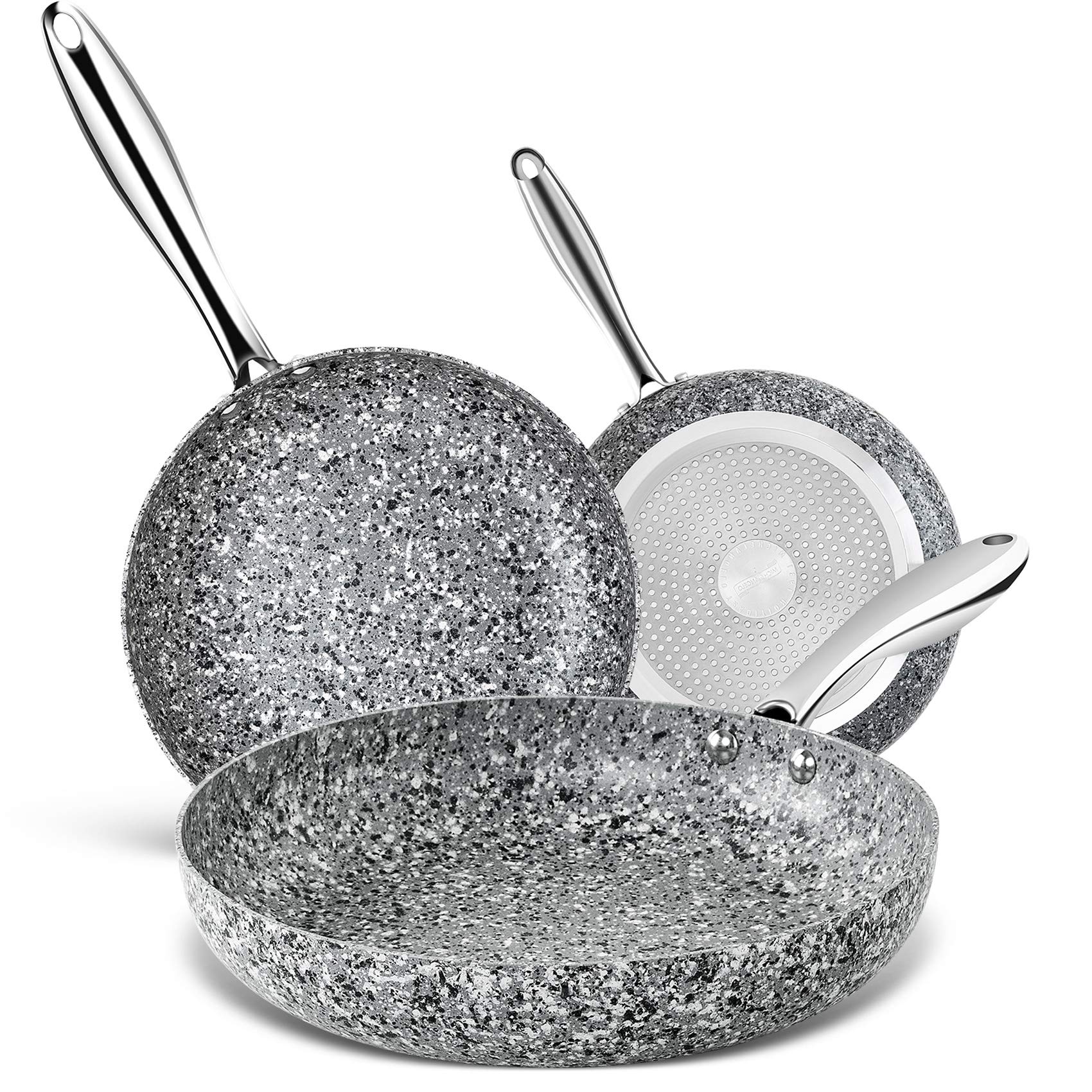 MICHELANGELO Frying Pan Set 20cm, 24cm and 28cm, Nonstick with Stone-Derived Coating, Granite, Induction Compatible