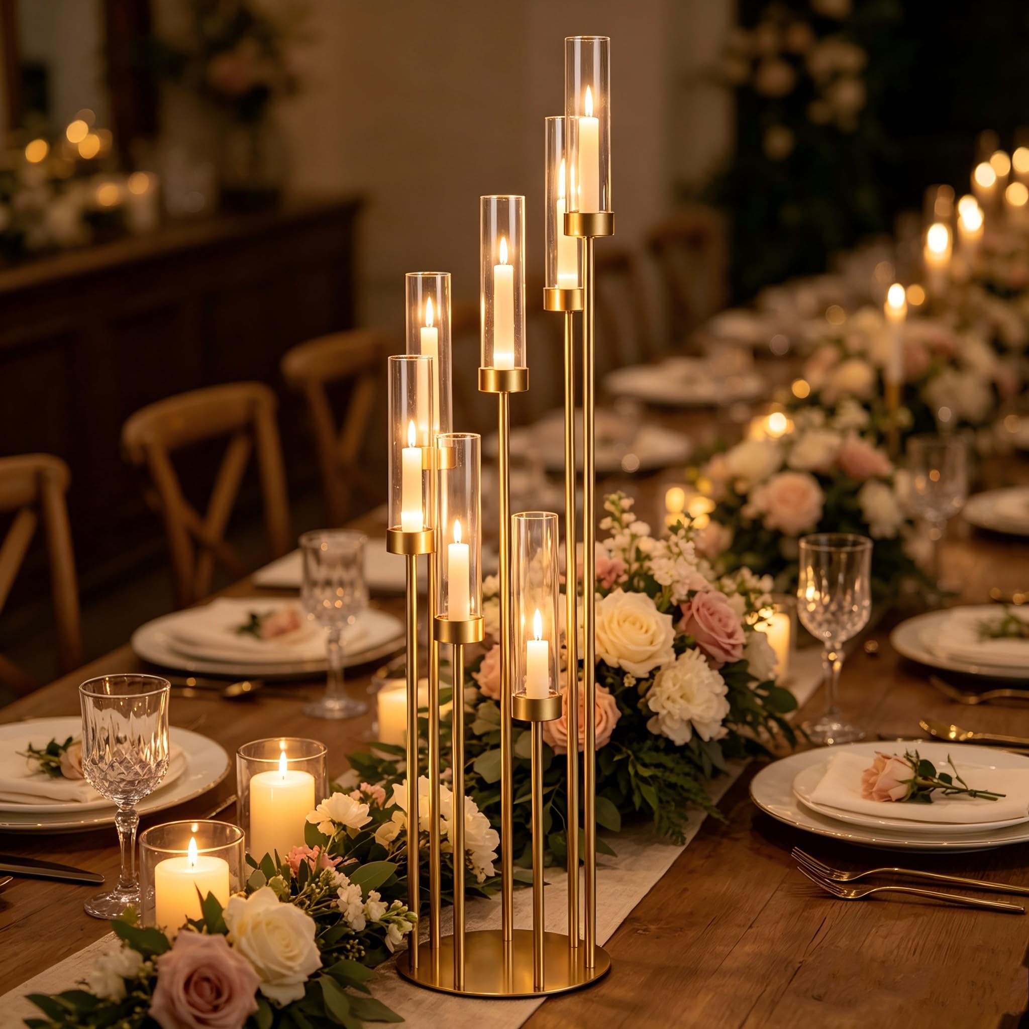 Condition photo showing New/Like New for acrylic candelabra centerpieces for wedding,7 arm floor candelabra with lampshades gold centerpieces