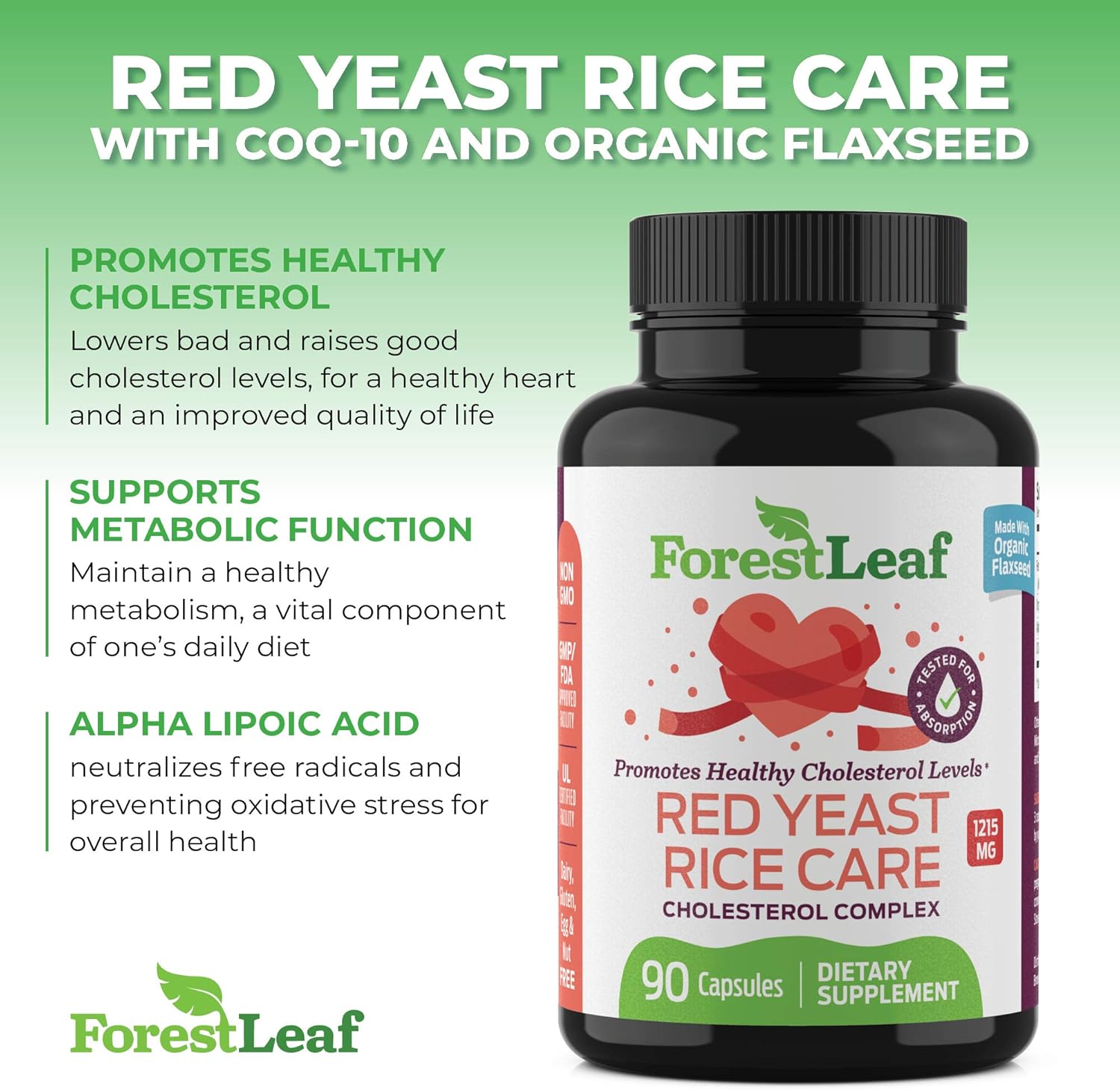 Red Yeast Rice Care with COQ-10 and Organic Flaxseed - Supports Cardiovascular Health - 1215mg - 90 Vegetable Capsules - Daily Dietary Supplements: Health & Personal Care
