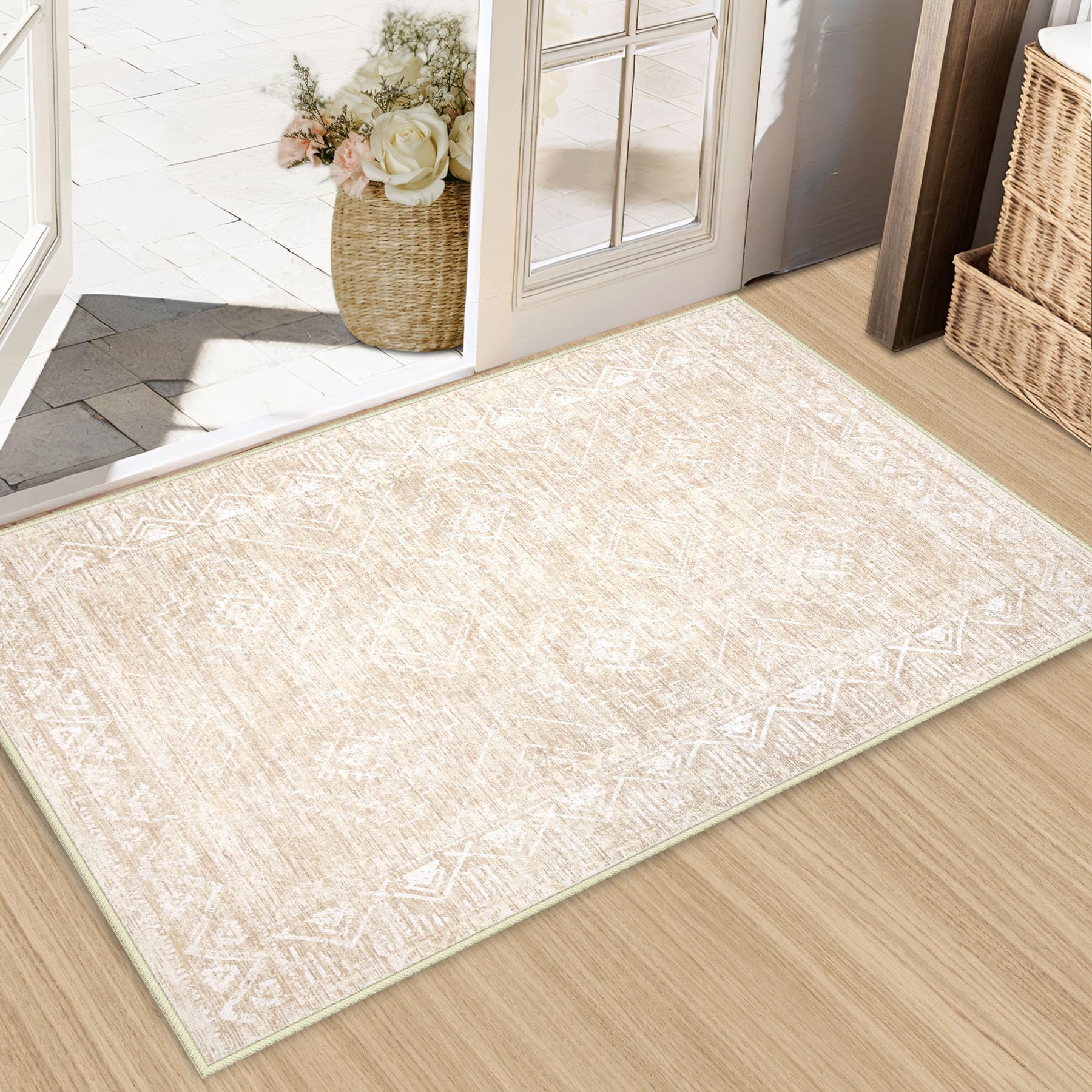 Photo 1 of Aoyaomi Moroccan Area Rug 2x3 - Washable Distressed Entryway Rug Non-Slip Small Rug, Soft Low-Pile Geometric Farmhouse Indoor Door Mat Floor Carpet for Entrance Bedroom Kitchen Bathroom (2 x 3, Beige)