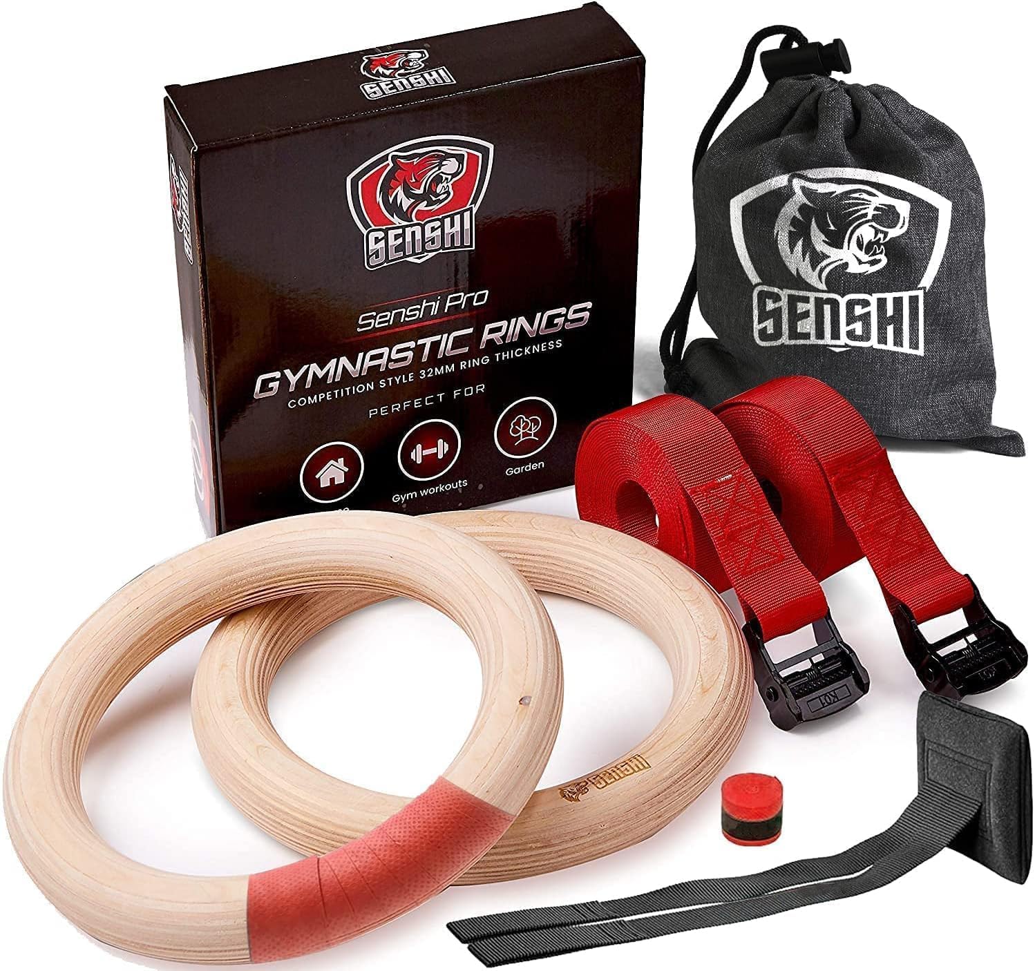 2021 Winner Wooden Gymnastics Rings With XXL Straps, Neoprene Hanging Straps, Withstand Upto 150KG, Superior Comfort & Grip, Calisthenics Ring, Thick 32mm Hoops With Door Anchor, Grip Tape & Carry Bag