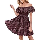 Triratna Womens Off The Shoulder Floral Mini Dress Babydoll Summer Beach Vacation Flowy Boho Sundress